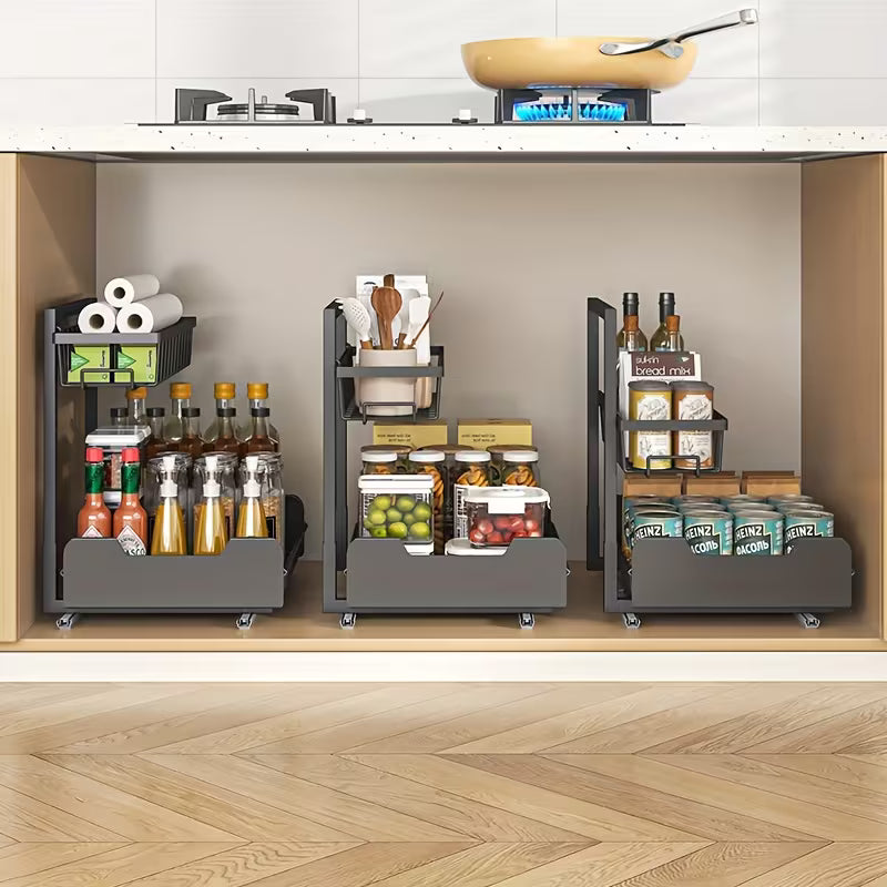 2-Tier Pull-Out Sliding Kitchen & Bathroom Storage Rack