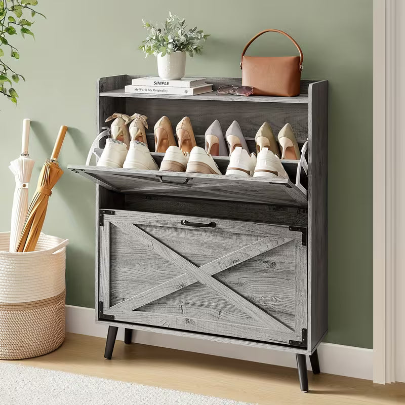 Modern Slim Shoe Storage Cabinet with Flip-Down Drawers – Space-Saving Entryway Organizer