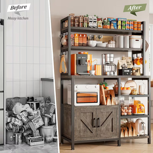 6-Tier Farmhouse Kitchen Baker’s Rack: Heavy-Duty Microwave Stand & Coffee Bar with Storage Cabinet