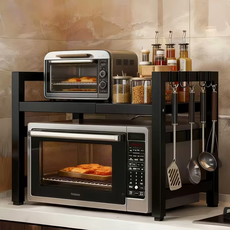 Retractable Carbon Steel Microwave Oven Rack – Double Layer Kitchen Counter Storage Shelf