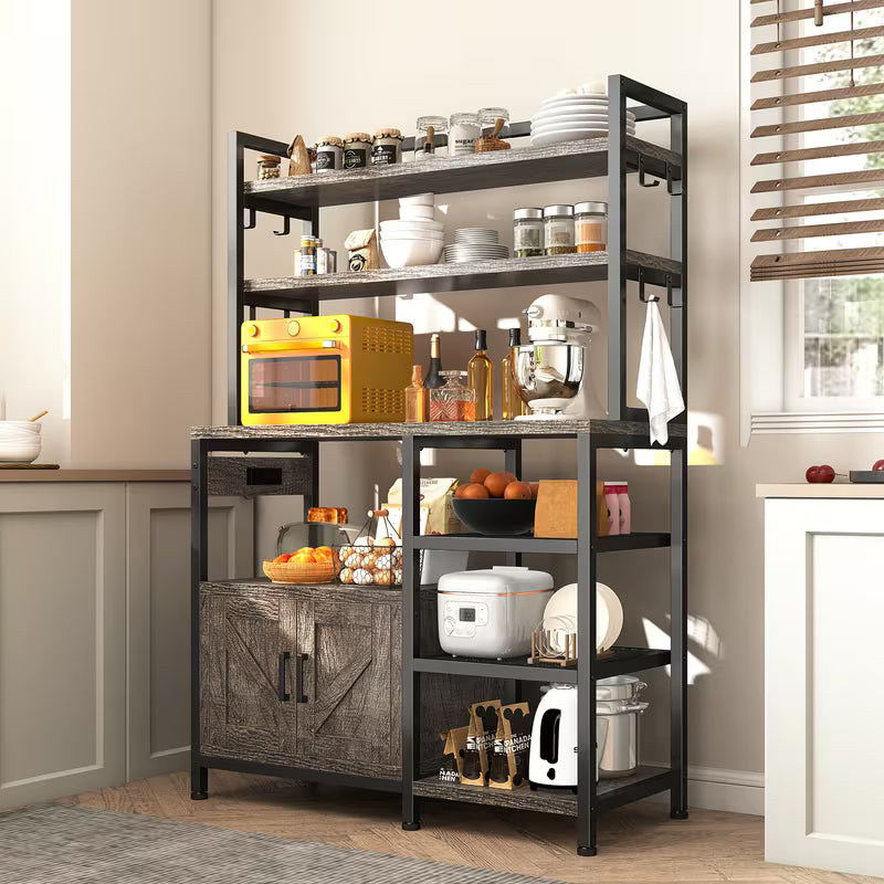 6-Tier Farmhouse Kitchen Baker’s Rack: Heavy-Duty Microwave Stand & Coffee Bar with Storage Cabinet
