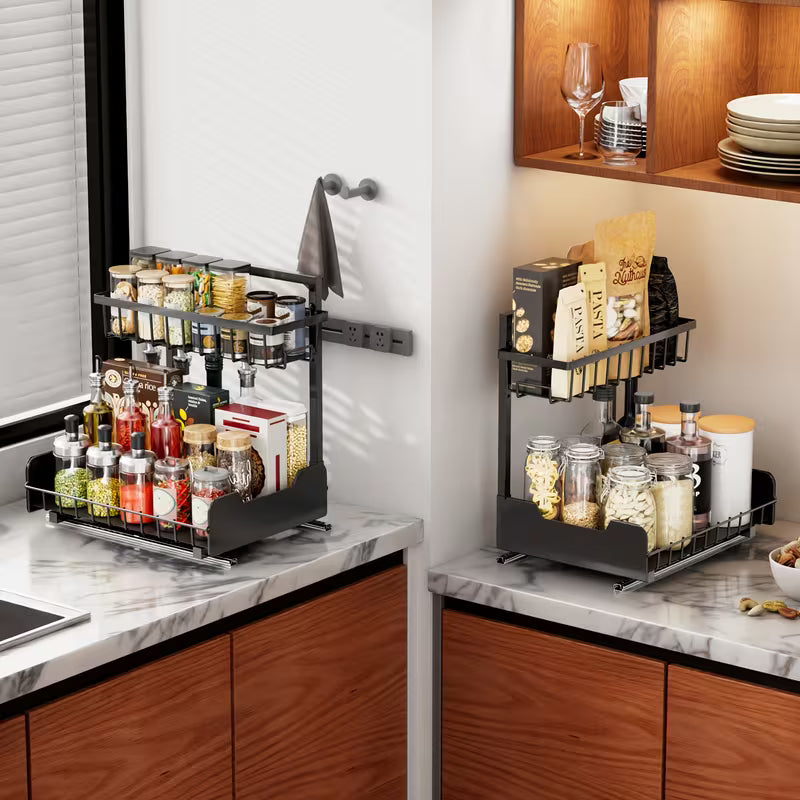 2-Tier Pull-Out Sliding Kitchen & Bathroom Storage Rack
