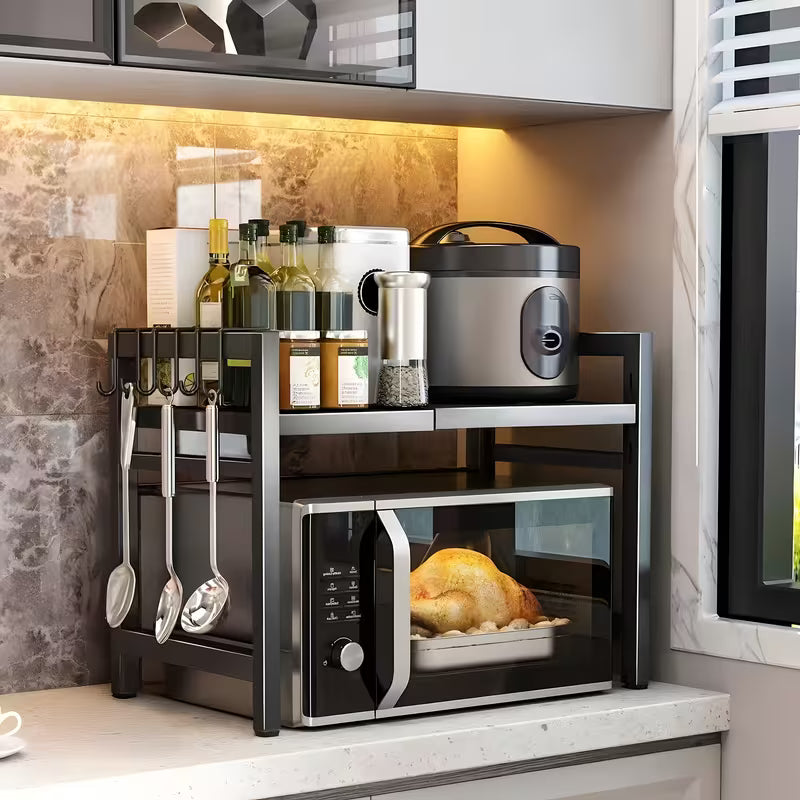 Retractable Carbon Steel Microwave Oven Rack – Double Layer Kitchen Counter Storage Shelf