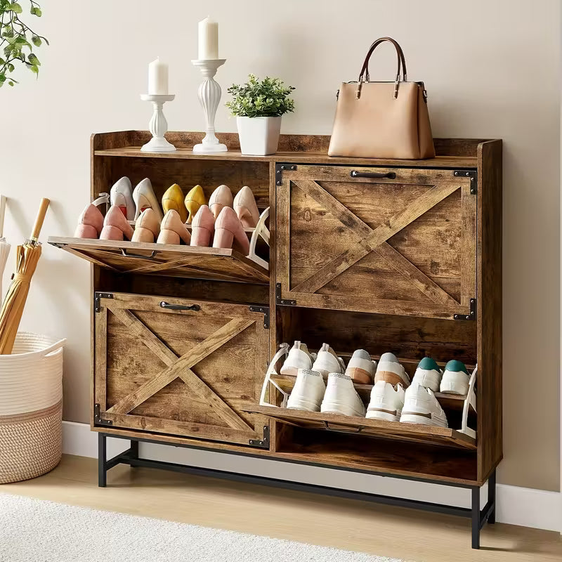 Modern Slim Shoe Storage Cabinet with Flip-Down Drawers – Space-Saving Entryway Organizer