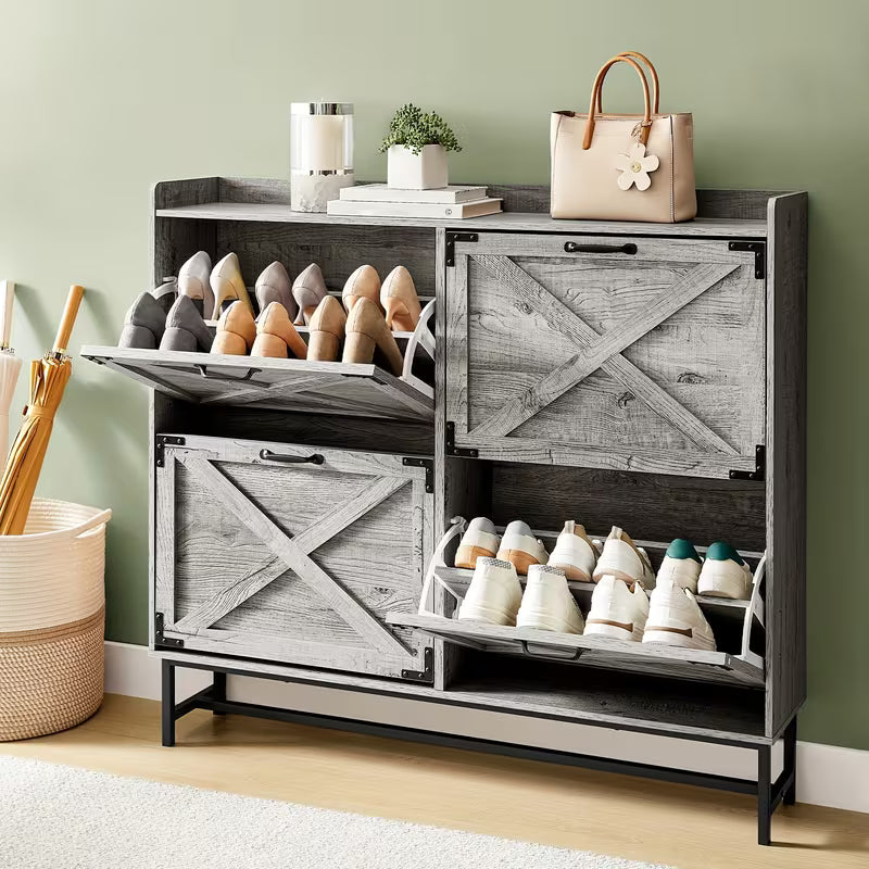 Modern Slim Shoe Storage Cabinet with Flip-Down Drawers – Space-Saving Entryway Organizer
